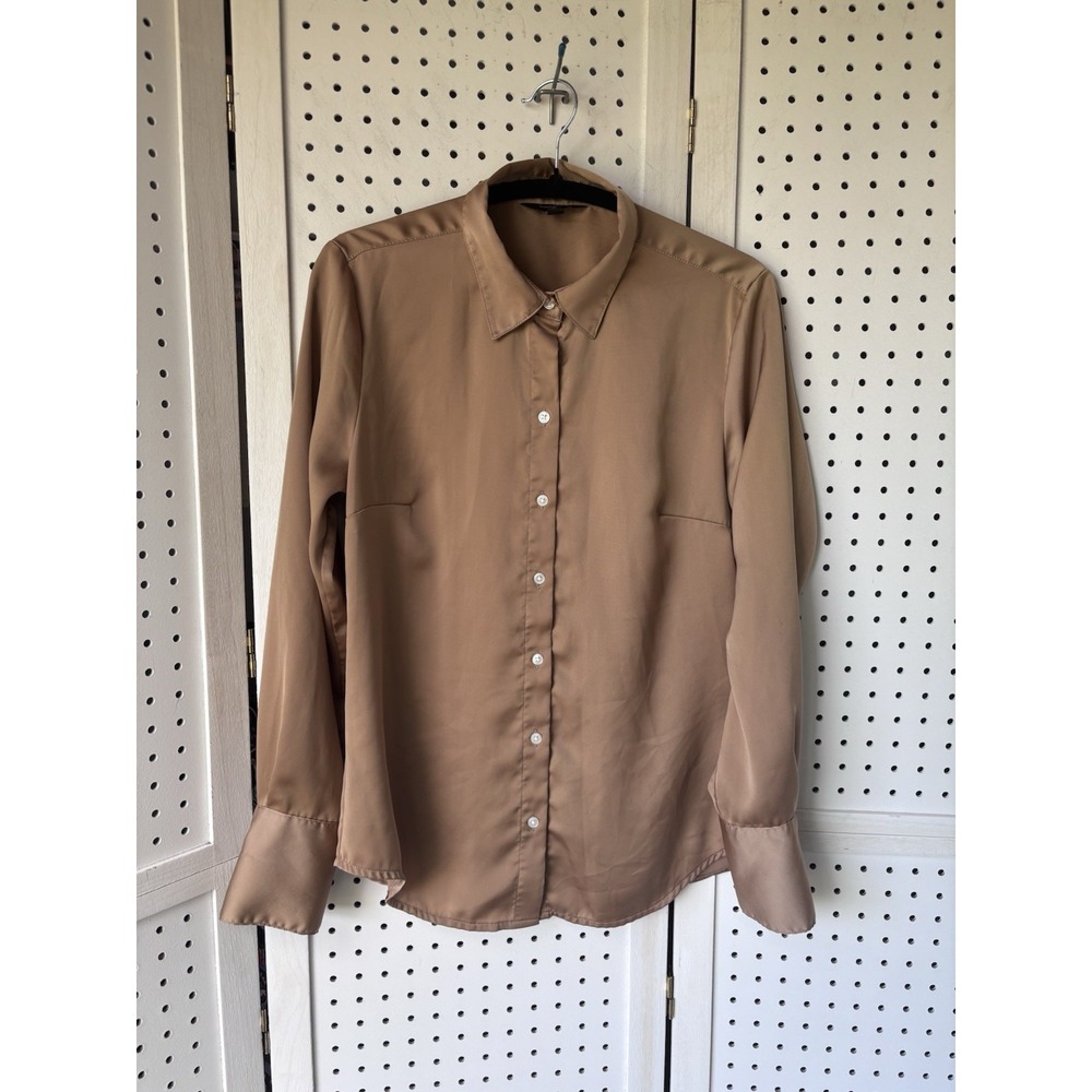 Banana Republic Blouse Women's Small Gold Brown Button Down Satin Long SLV‎